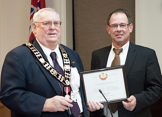 Bluewater Mayor Bill Dowson was presented the Queen Elizabeth II Diamond Jubilee Medal from Deputy Mayor Paul Klopp at the March 4 council meeting, with family and friends in attendance. Dowson was nominated by the Federation of Canadian Municipalities (FCM) for his work in local government. Dowson was elected as a councillor for the Township of Stanley in 1985.  He served as councillor until he was elected as deputy reeve in 1998.  He became the first mayor for the newly amalgamated Municipality of Bluewater in November 2000, where he has served the residents of Bluewater as mayor ever since. Dowson has been a member of Huron County Bean Growers Board, Hensall & District Co-operative, Federation of Agriculture, Huron County Pork Producers, Varna-Goshen United Church, Ausable Bayfield Conservation Authority and the College of Ontario Nurses and is a dedicated volunteer for the Heart and Stroke Foundation.